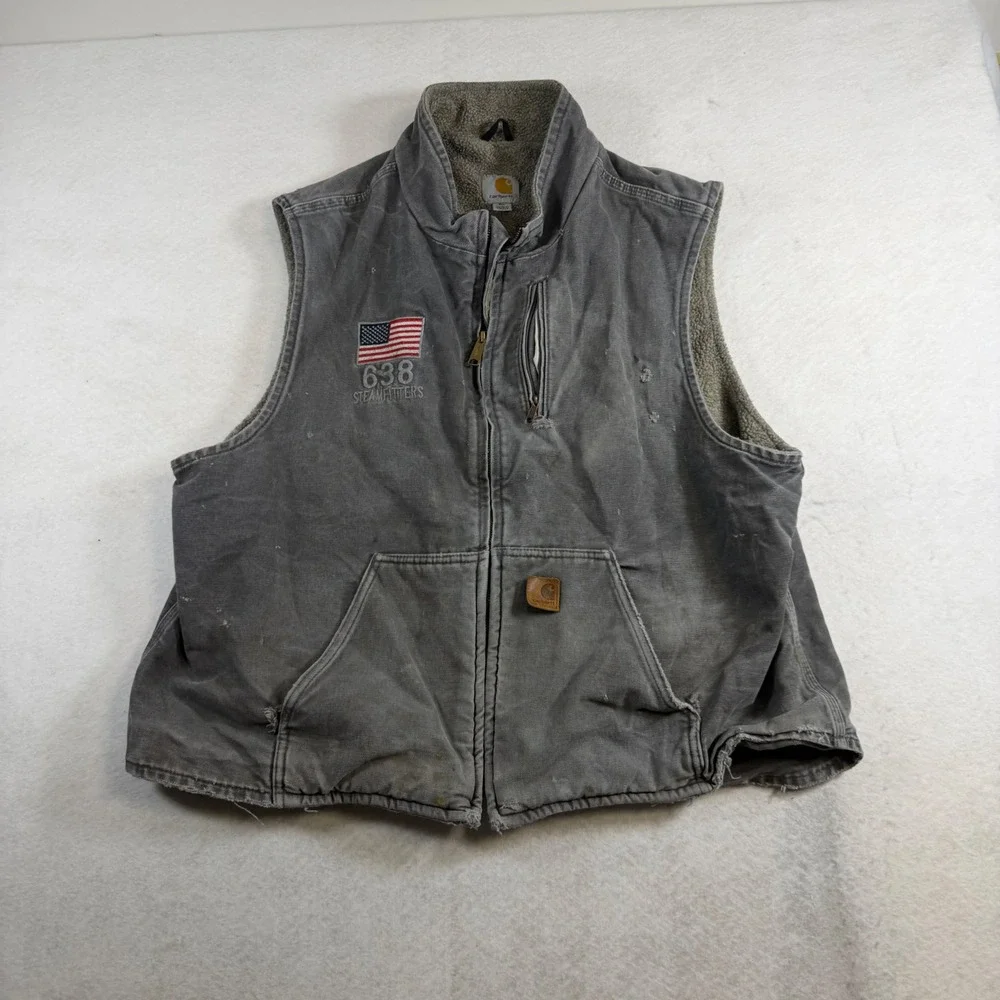 Carhartt Mens Gray Sherpa Lined Canvas Work Vest Distressed 2XL 638 Steamfitters